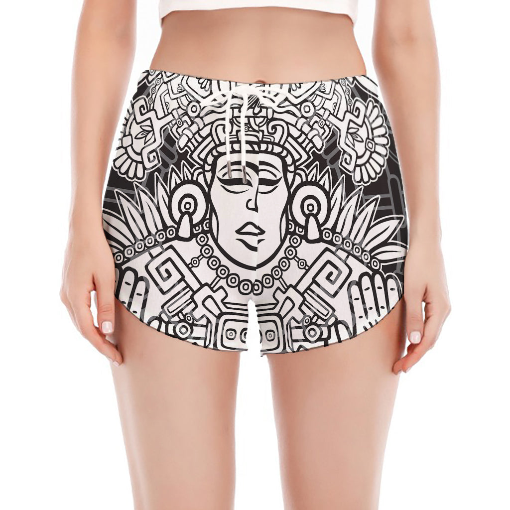 Blue And White Mayan Statue Print Women's Split Running Shorts