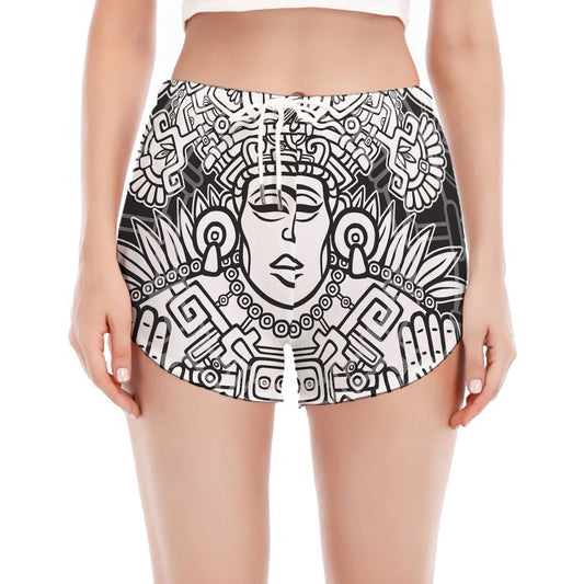 Blue And White Mayan Statue Print Women's Split Running Shorts