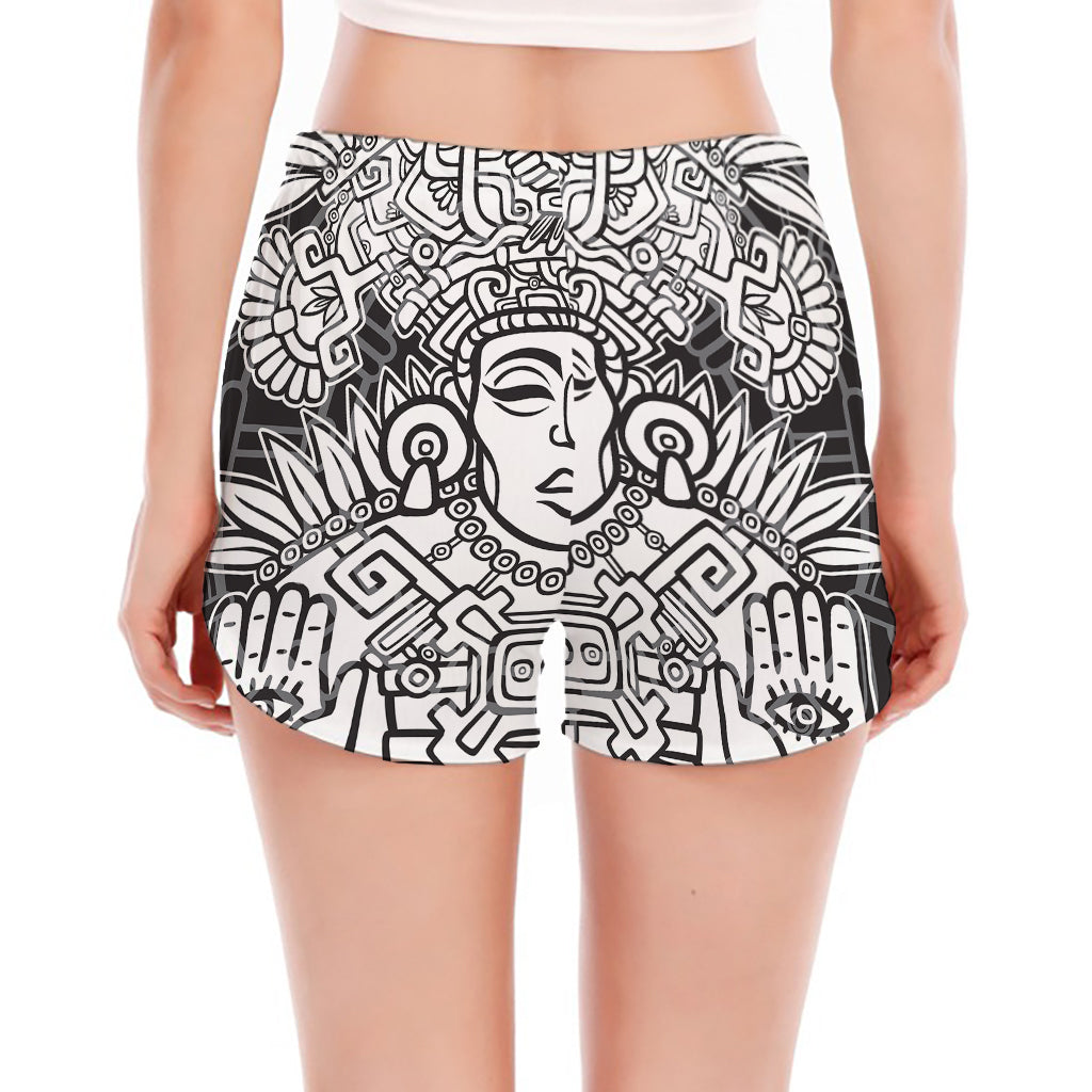 Blue And White Mayan Statue Print Women's Split Running Shorts