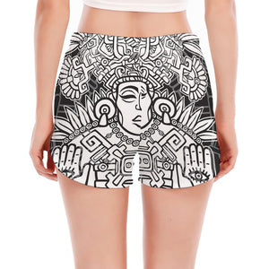 Blue And White Mayan Statue Print Women's Split Running Shorts