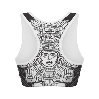Blue And White Mayan Statue Print Women's Sports Bra