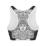 Blue And White Mayan Statue Print Women's Sports Bra