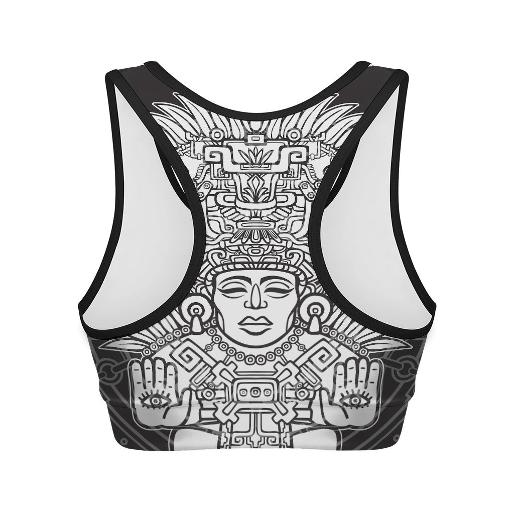 Blue And White Mayan Statue Print Women's Sports Bra