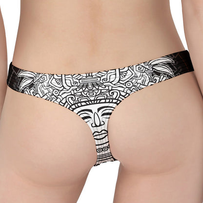 Blue And White Mayan Statue Print Women's Thong