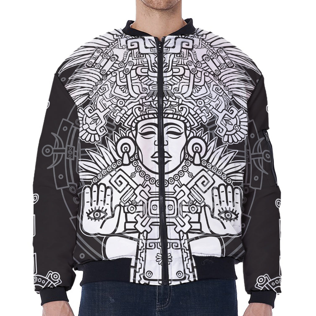 Blue And White Mayan Statue Print Zip Sleeve Bomber Jacket