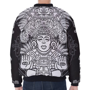 Blue And White Mayan Statue Print Zip Sleeve Bomber Jacket