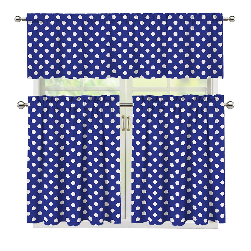 Blue And White Polka Dot Pattern Print 3 Piece Kitchen Curtains