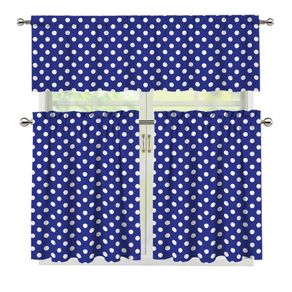 Blue And White Polka Dot Pattern Print 3 Piece Kitchen Curtains
