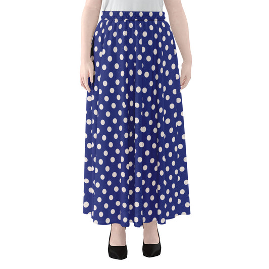 Blue And White Polka Dot Pattern Print Chiffon Maxi Skirt