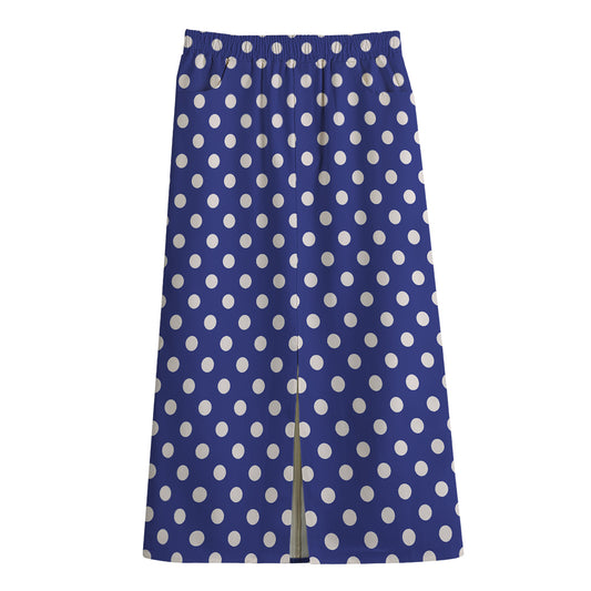 Blue And White Polka Dot Pattern Print Cotton Front Slit Maxi Skirt