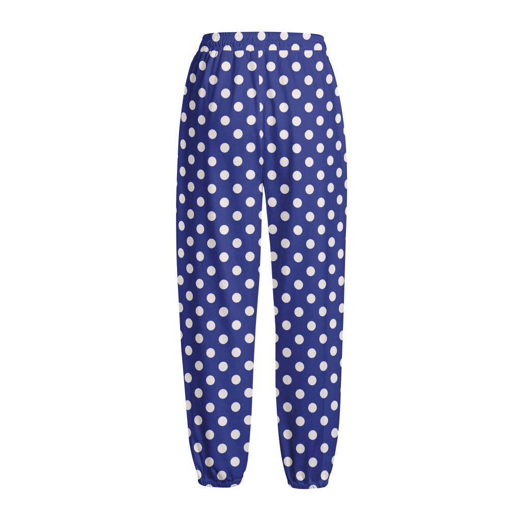 Blue And White Polka Dot Pattern Print Fleece Lined Knit Pants