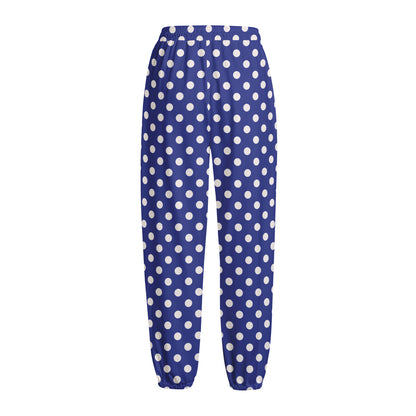 Blue And White Polka Dot Pattern Print Fleece Lined Knit Pants