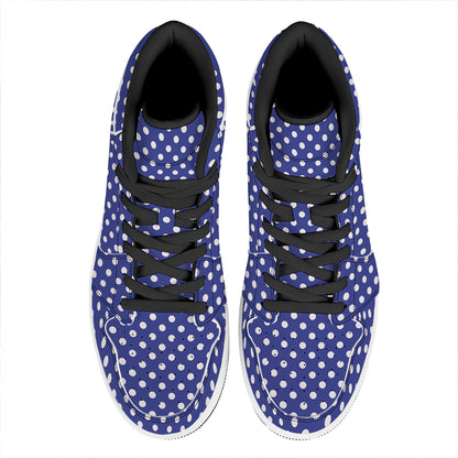 Blue And White Polka Dot Pattern Print High Top Leather Sneakers