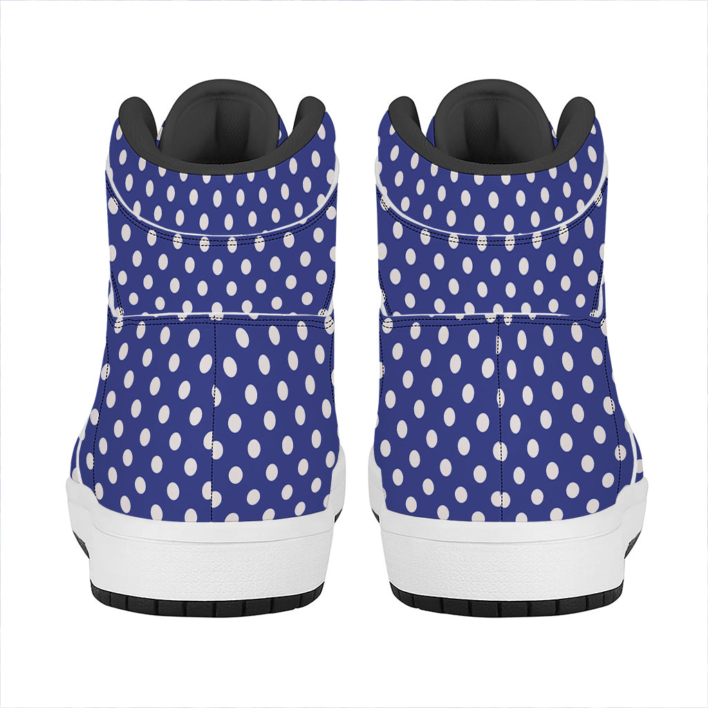 Blue And White Polka Dot Pattern Print High Top Leather Sneakers