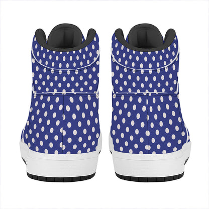 Blue And White Polka Dot Pattern Print High Top Leather Sneakers