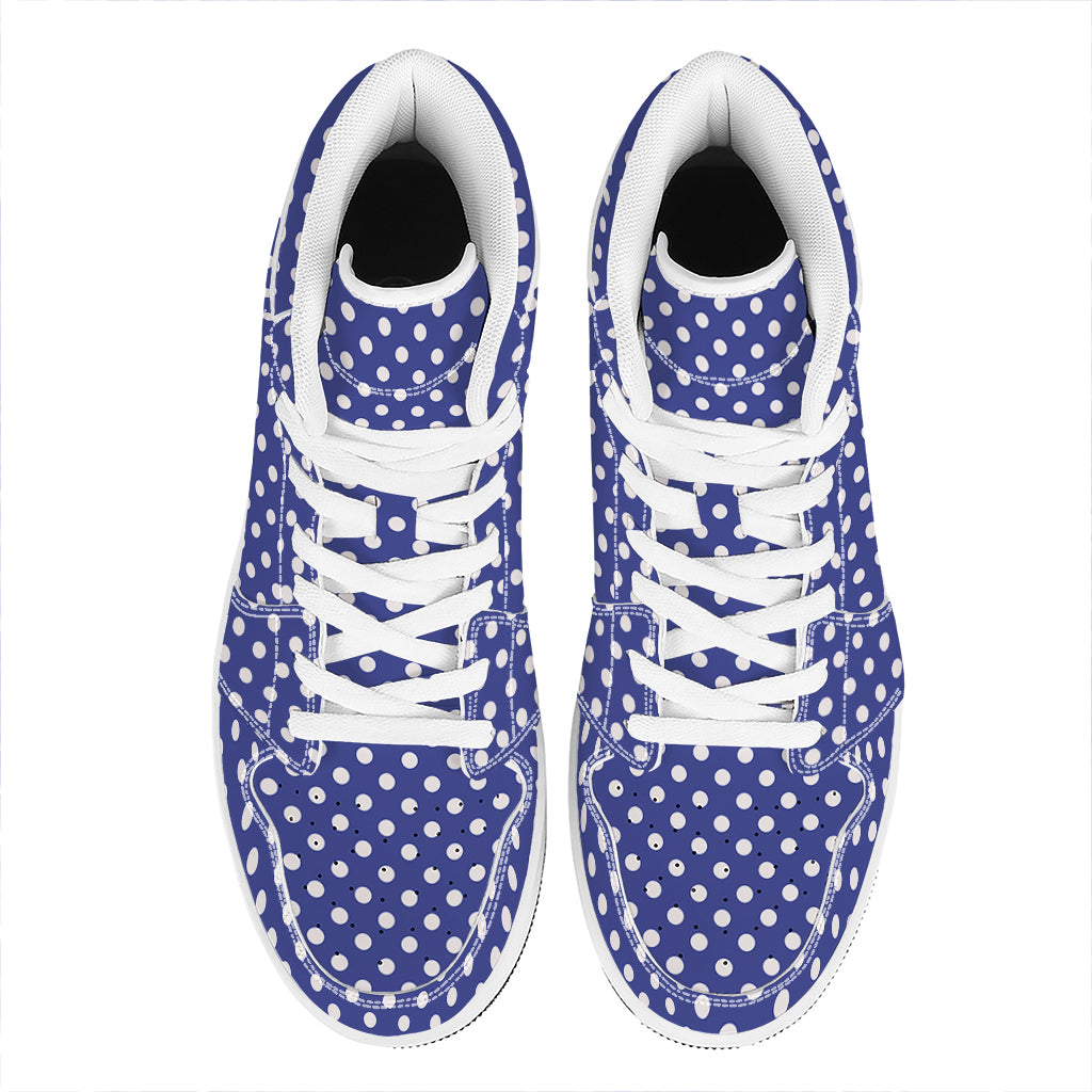 Blue And White Polka Dot Pattern Print High Top Leather Sneakers