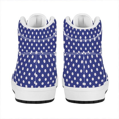 Blue And White Polka Dot Pattern Print High Top Leather Sneakers