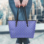 Blue And White Polka Dot Pattern Print Leather Tote Bag