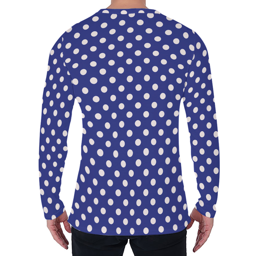 Blue And White Polka Dot Pattern Print Men's Long Sleeve T-Shirt