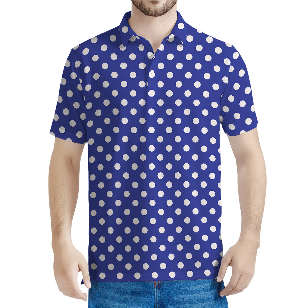 Blue And White Polka Dot Pattern Print Men's Polo Shirt