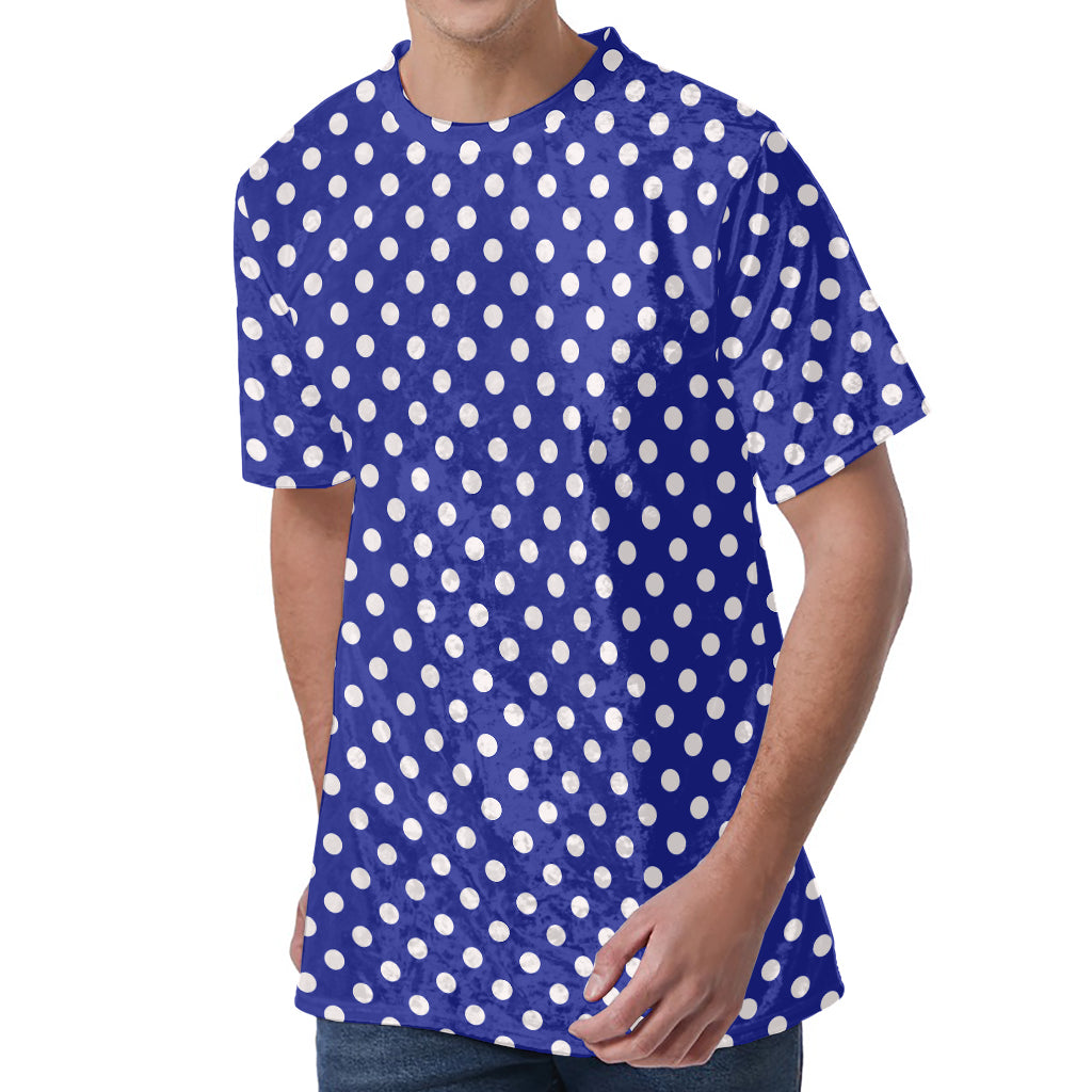 Blue And White Polka Dot Pattern Print Men's Velvet T-Shirt