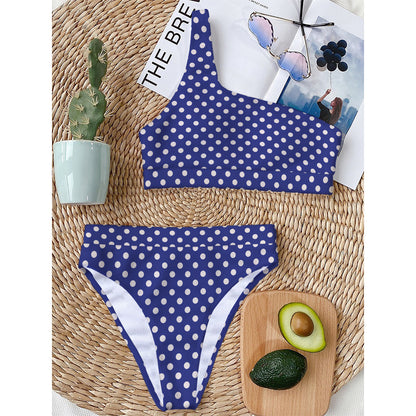 Blue And White Polka Dot Pattern Print One Shoulder Bikini Top