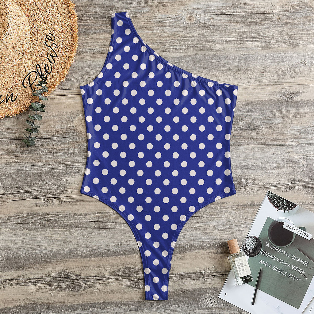 Blue And White Polka Dot Pattern Print One Shoulder Bodysuit