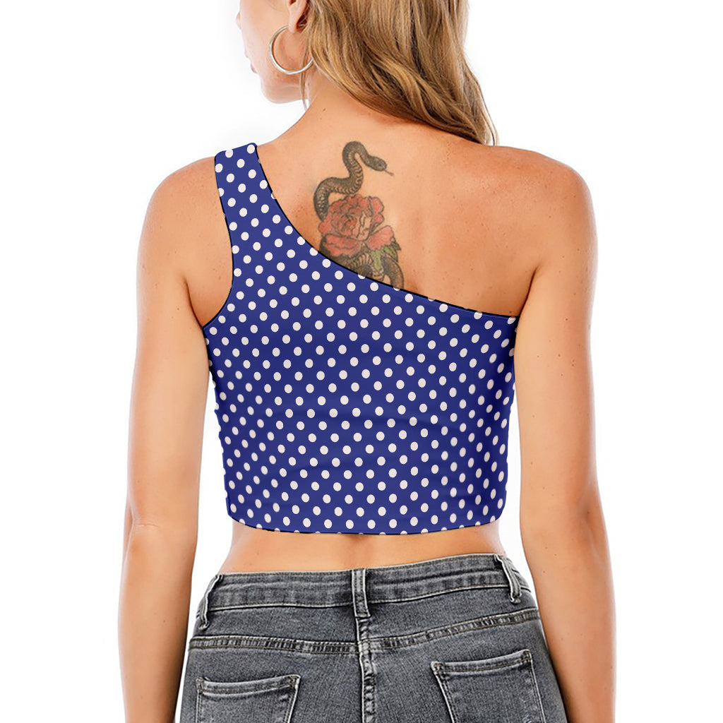 Blue And White Polka Dot Pattern Print One Shoulder Crop Top