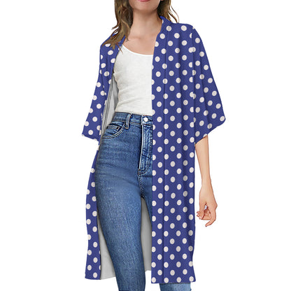 Blue And White Polka Dot Pattern Print Open Front Beach Cover Up