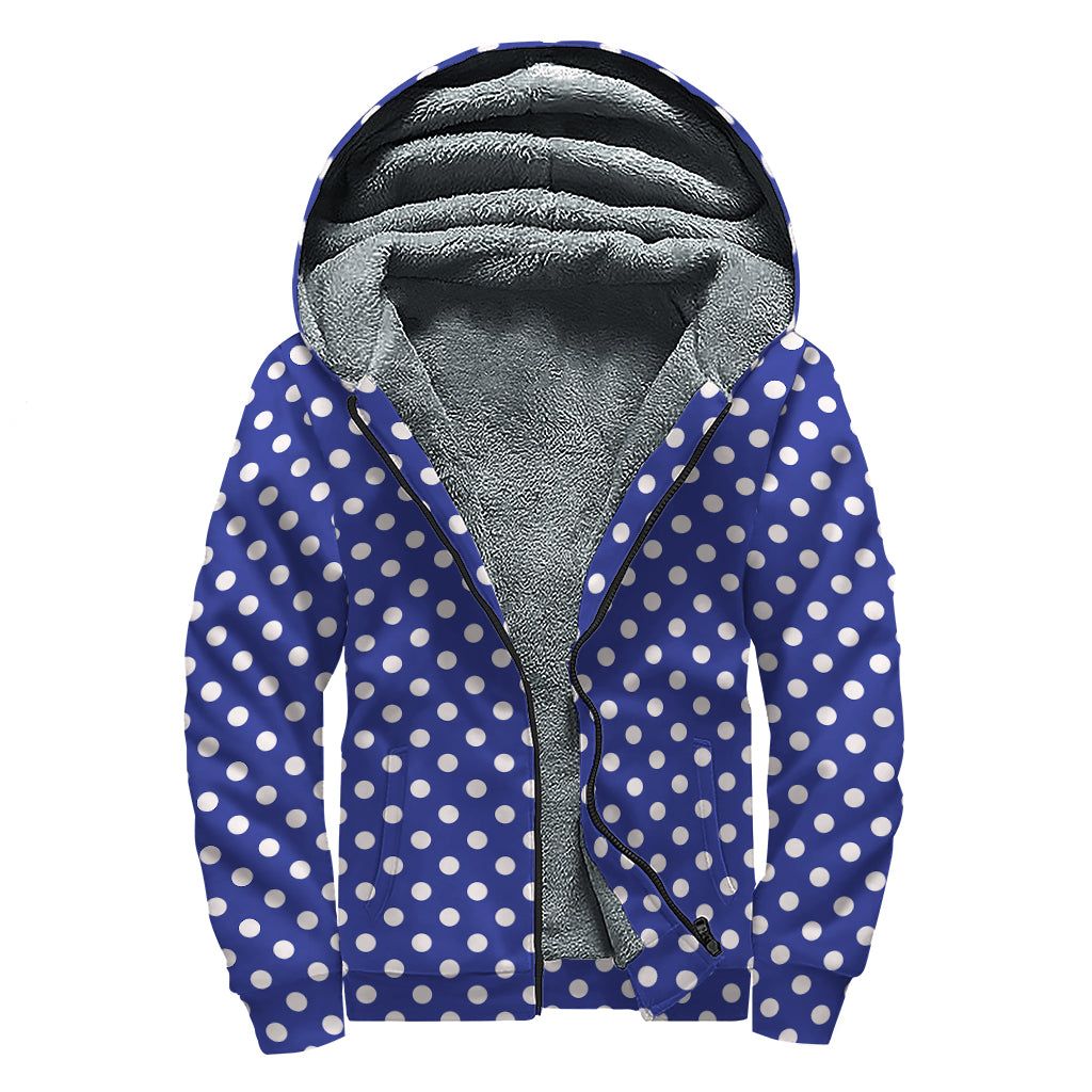 Blue And White Polka Dot Pattern Print Sherpa Lined Zip Up Hoodie