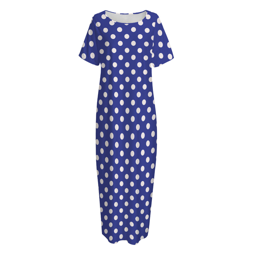 Blue And White Polka Dot Pattern Print Short Sleeve Long Nightdress