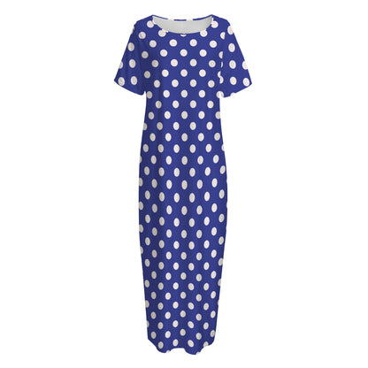 Blue And White Polka Dot Pattern Print Short Sleeve Long Nightdress