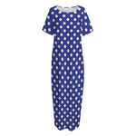 Blue And White Polka Dot Pattern Print Short Sleeve Long Nightdress