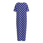 Blue And White Polka Dot Pattern Print Short Sleeve Long Nightdress