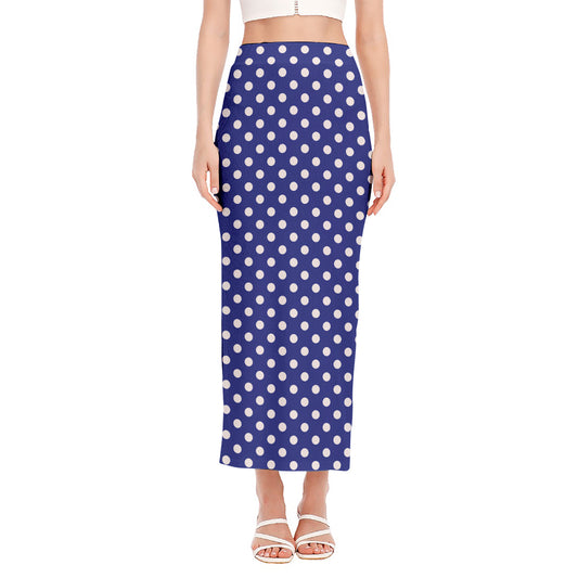 Blue And White Polka Dot Pattern Print Side Slit Maxi Skirt