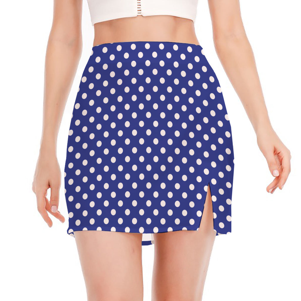 Blue And White Polka Dot Pattern Print Side Slit Mini Skirt
