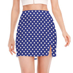 Blue And White Polka Dot Pattern Print Side Slit Mini Skirt