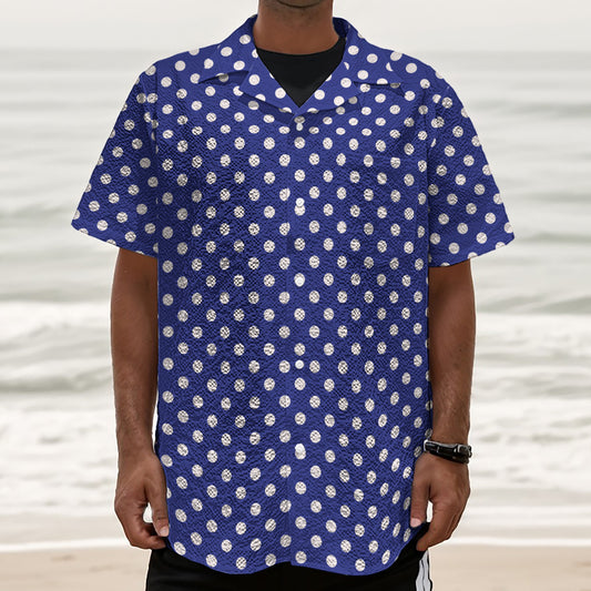 Blue And White Polka Dot Pattern Print Textured Short Sleeve Shirt