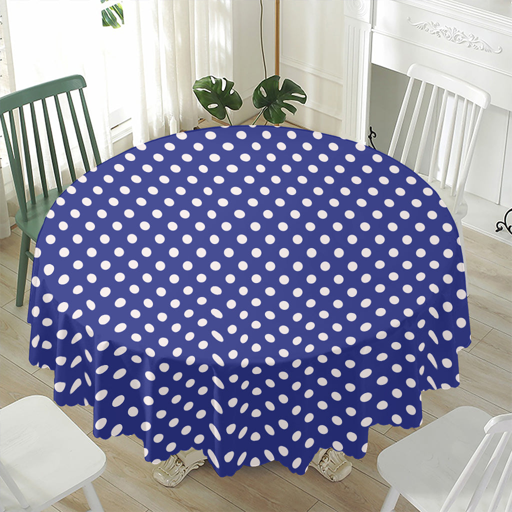 Blue And White Polka Dot Pattern Print Waterproof Round Tablecloth