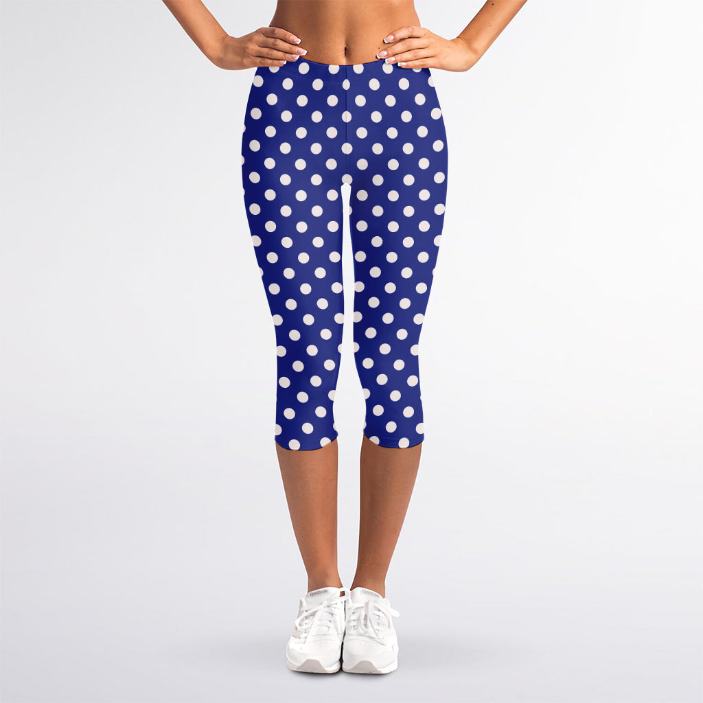 Blue And White Polka Dot Pattern Print Women's Capri Leggings