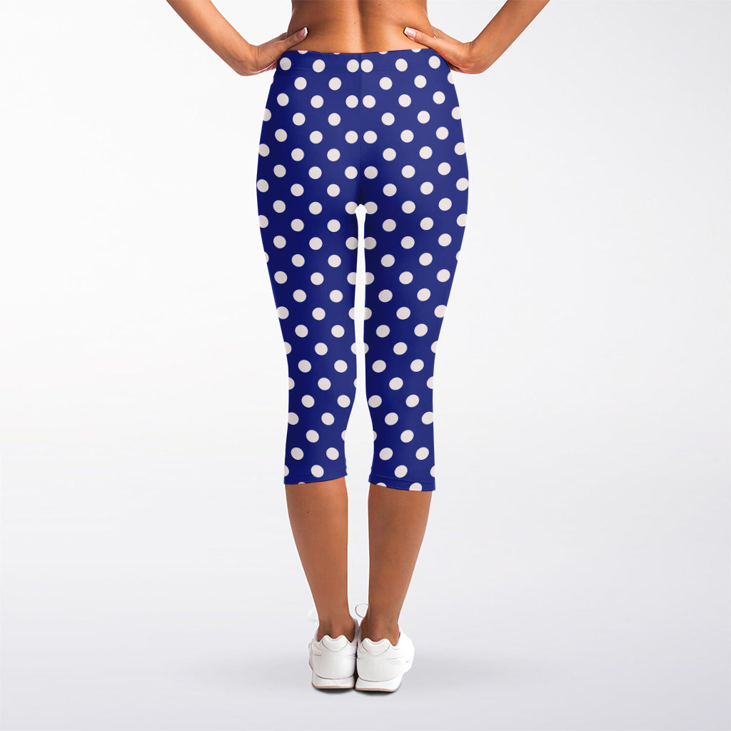 Blue And White Polka Dot Pattern Print Women's Capri Leggings