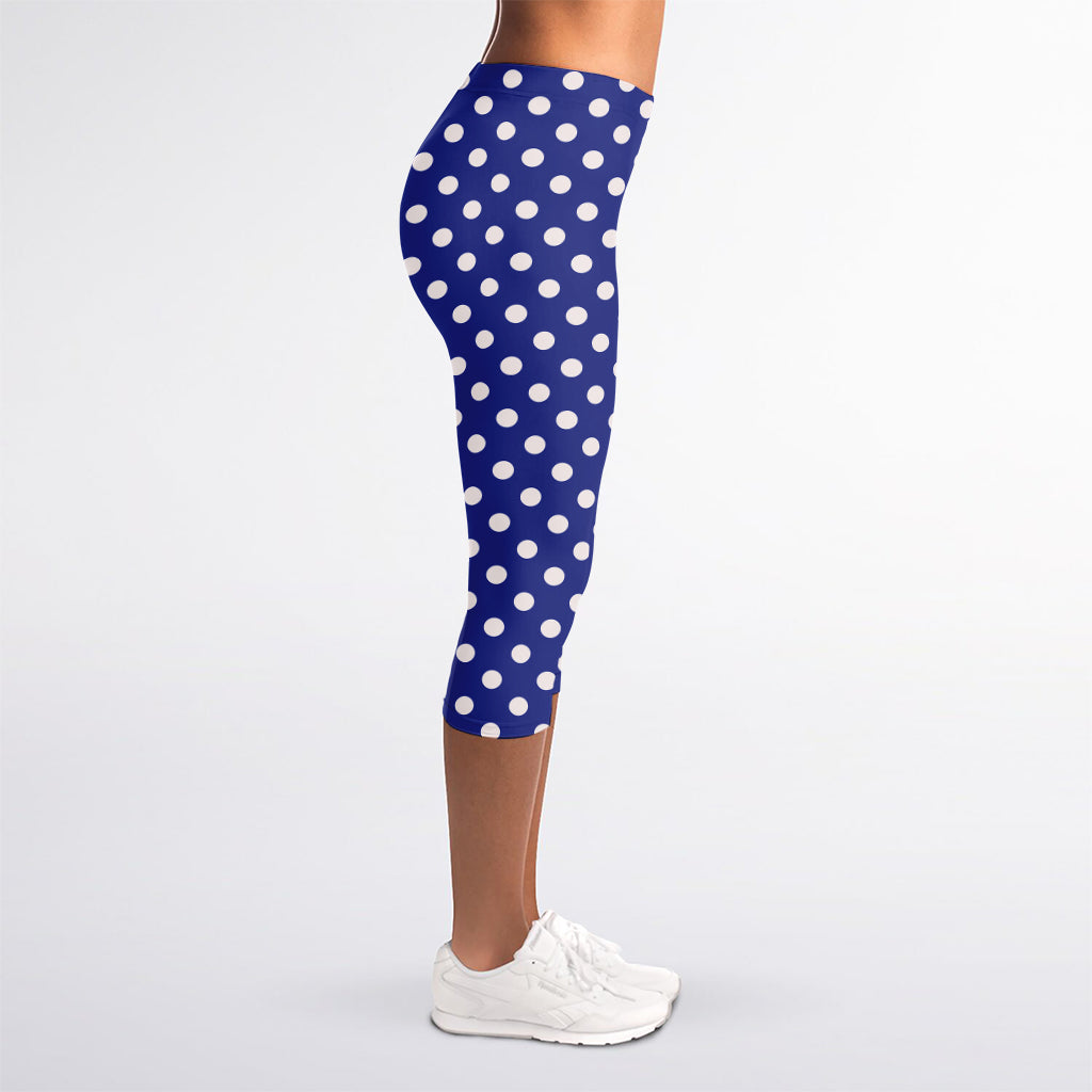 Blue And White Polka Dot Pattern Print Women's Capri Leggings
