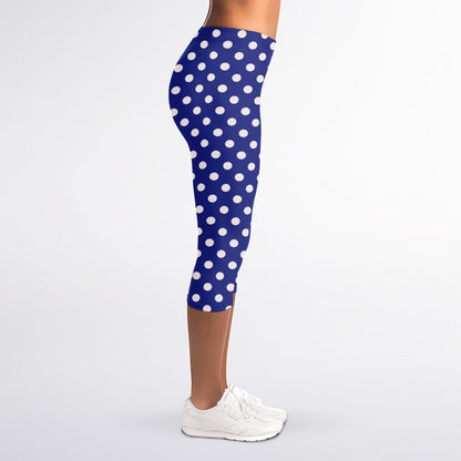 Blue And White Polka Dot Pattern Print Women's Capri Leggings