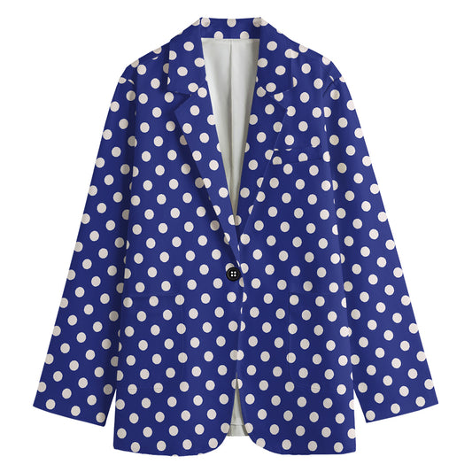 Blue And White Polka Dot Pattern Print Women's Cotton Blazer