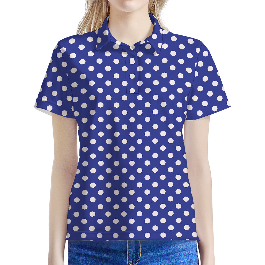 Blue And White Polka Dot Pattern Print Women's Polo Shirt