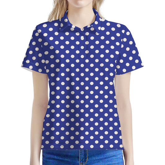 Blue And White Polka Dot Pattern Print Women's Polo Shirt