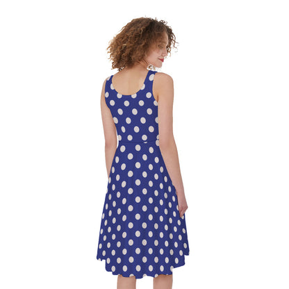 Blue And White Polka Dot Pattern Print Women's Sleeveless Dress