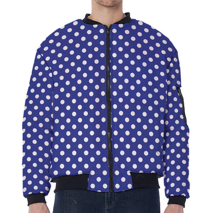 Blue And White Polka Dot Pattern Print Zip Sleeve Bomber Jacket
