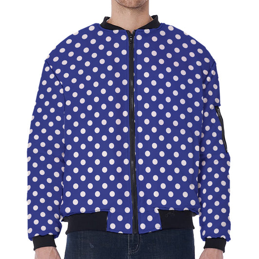Blue And White Polka Dot Pattern Print Zip Sleeve Bomber Jacket