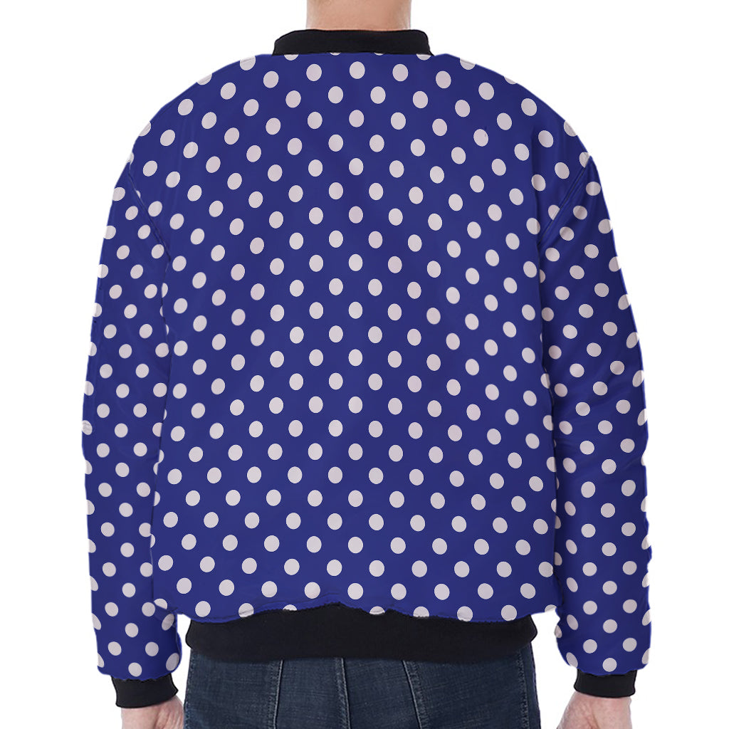 Blue And White Polka Dot Pattern Print Zip Sleeve Bomber Jacket